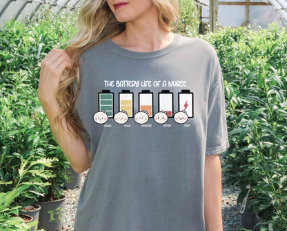 The Battery Life of a Nurse - Cute, Funny Doodle Nurse Shirt - Crew Neck Short Sleeve Shirt