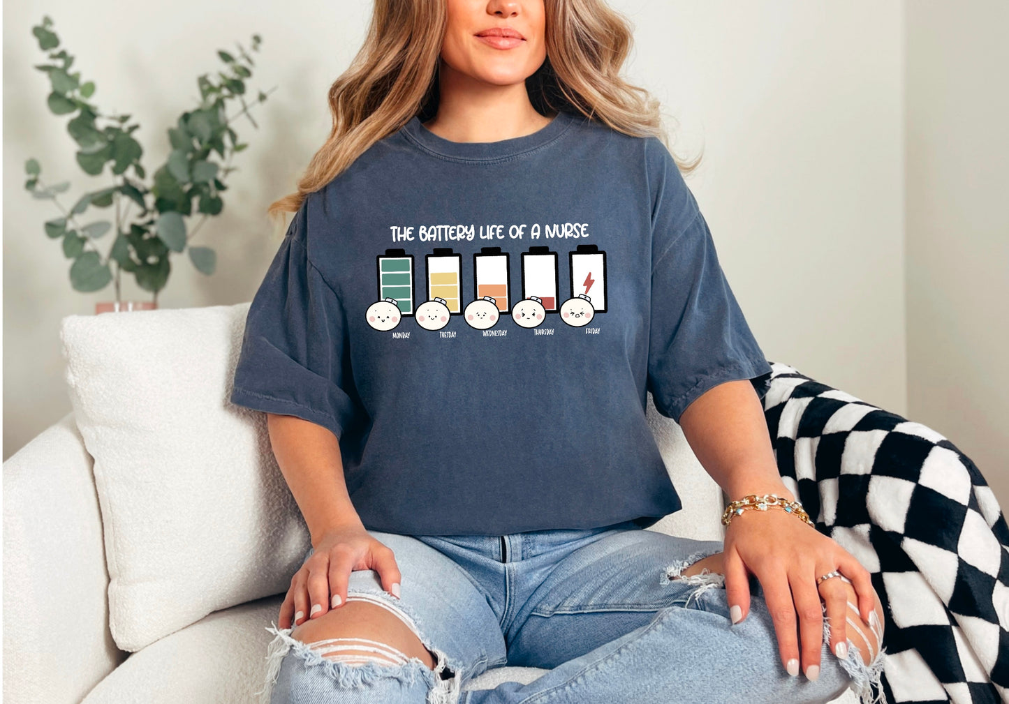 The Battery Life of a Nurse - Cute, Funny Doodle Nurse Shirt - Crew Neck Short Sleeve Shirt