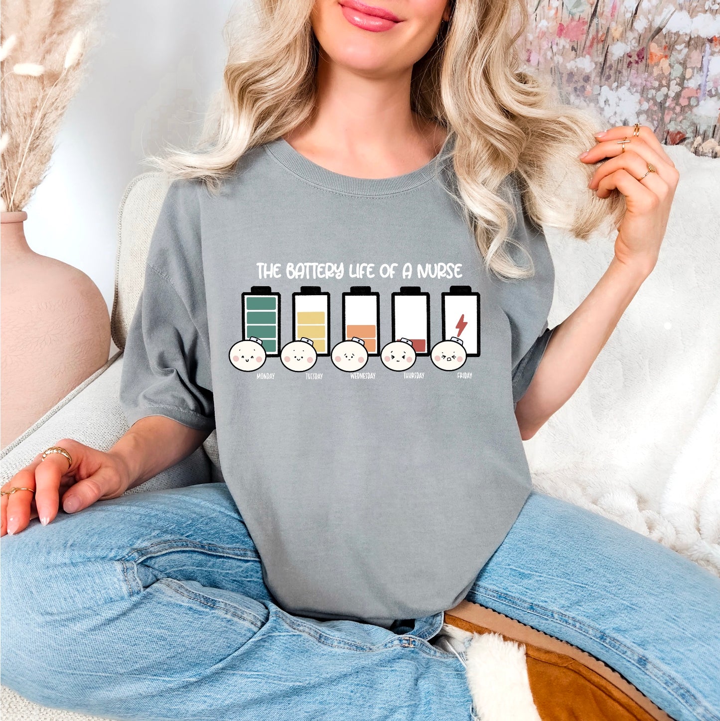 The Battery Life of a Nurse - Cute, Funny Doodle Nurse Shirt - Crew Neck Short Sleeve Shirt