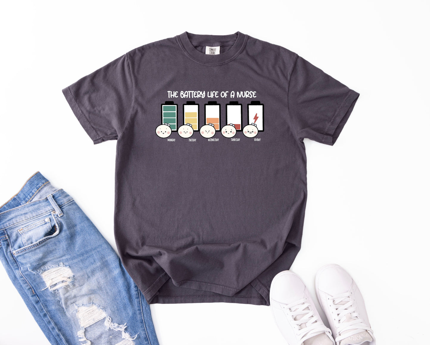 The Battery Life of a Nurse - Cute, Funny Doodle Nurse Shirt - Crew Neck Short Sleeve Shirt