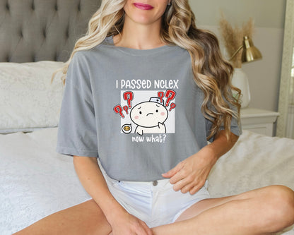 I Passed NCLEX, Now What? - Cute, Funny Nursing Student Doodle Shirt - Crew Neck Short Sleeve Shirt