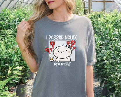 I Passed NCLEX, Now What? - Cute, Funny Nursing Student Doodle Shirt - Crew Neck Short Sleeve Shirt