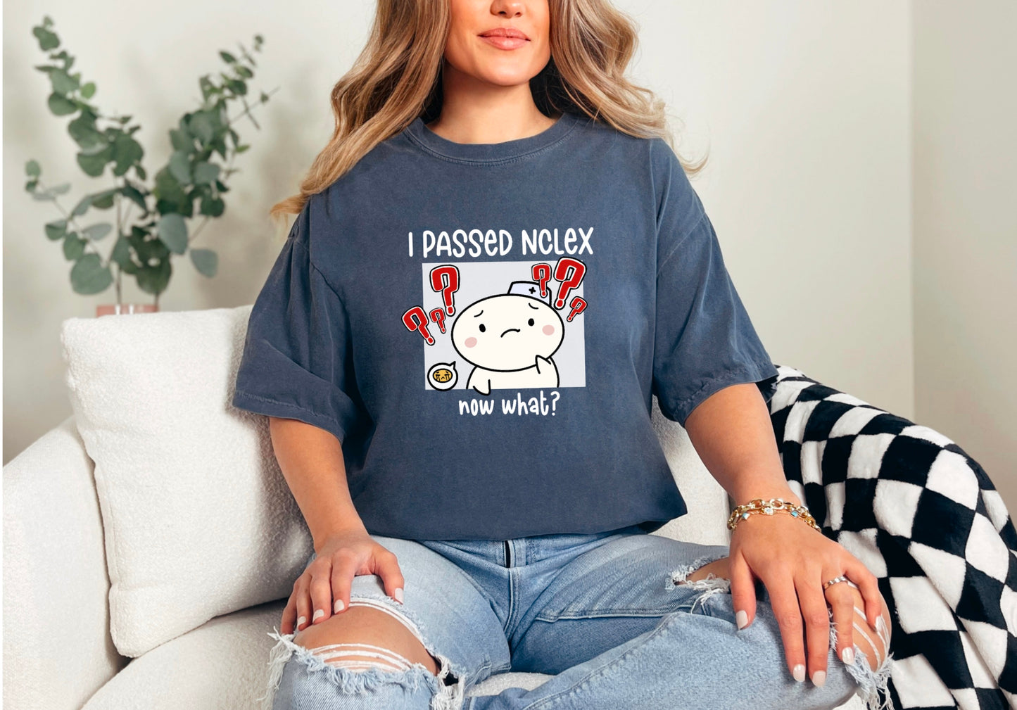 I Passed NCLEX, Now What? - Cute, Funny Nursing Student Doodle Shirt - Crew Neck Short Sleeve Shirt