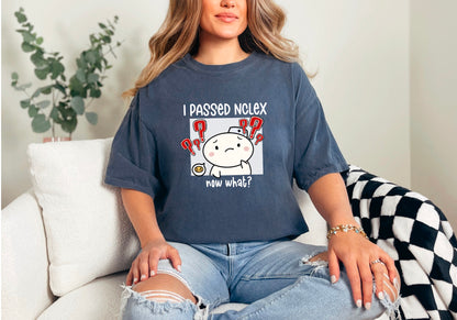 I Passed NCLEX, Now What? - Cute, Funny Nursing Student Doodle Shirt - Crew Neck Short Sleeve Shirt
