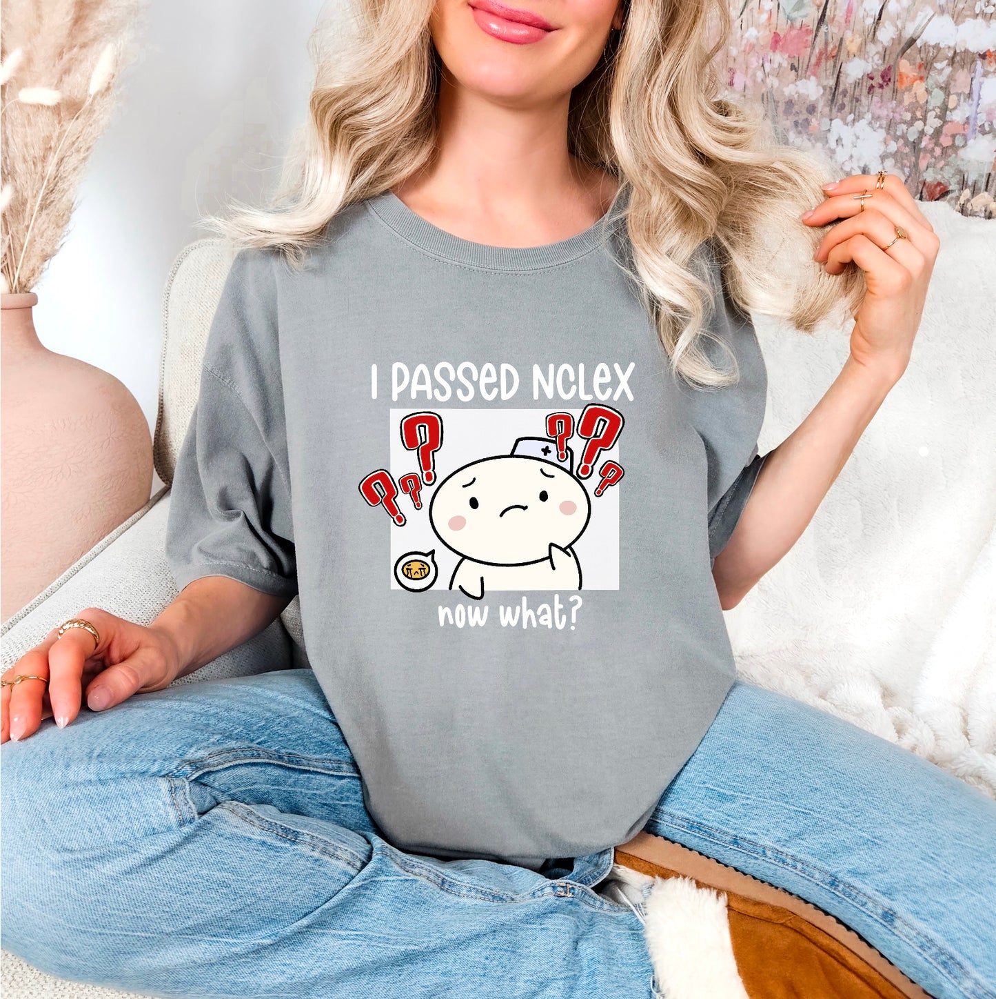 I Passed NCLEX, Now What? - Cute, Funny Nursing Student Doodle Shirt - Crew Neck Short Sleeve Shirt
