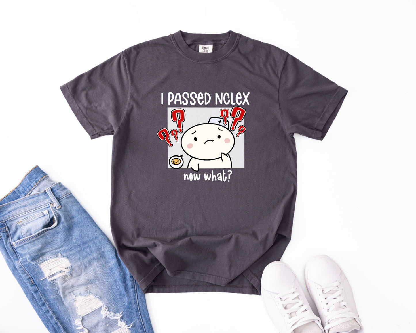 I Passed NCLEX, Now What? - Cute, Funny Nursing Student Doodle Shirt - Crew Neck Short Sleeve Shirt